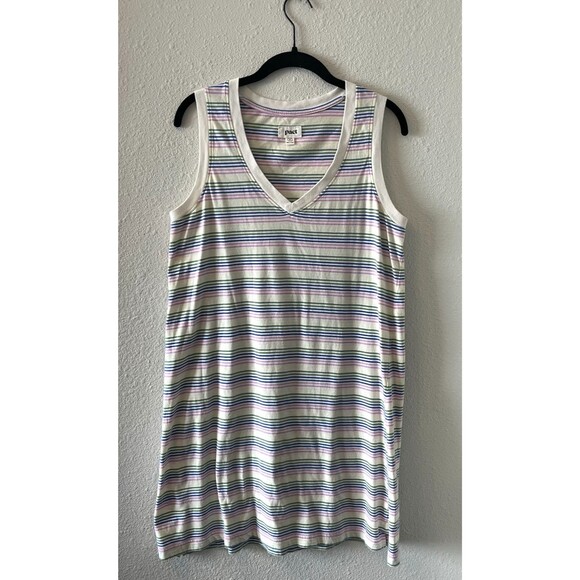 Pact Women's Tank Dress Size Med Rainbow Striped V Neck Organic Cotton Softspun - Picture 1 of 13